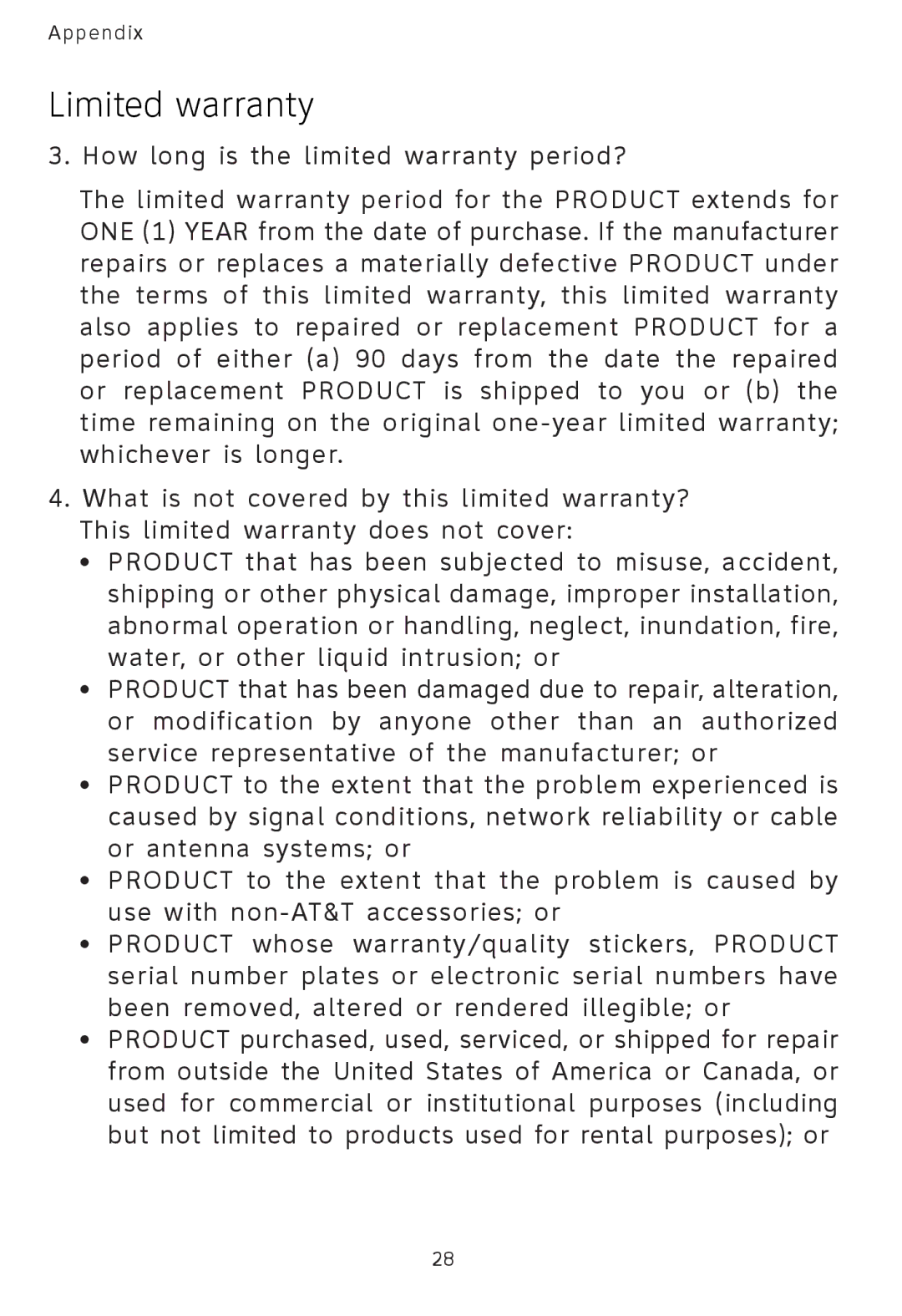 AT&T AT3101 user manual Limited warranty 