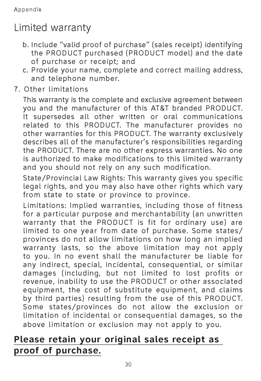 AT&T AT3101 user manual Limited warranty 