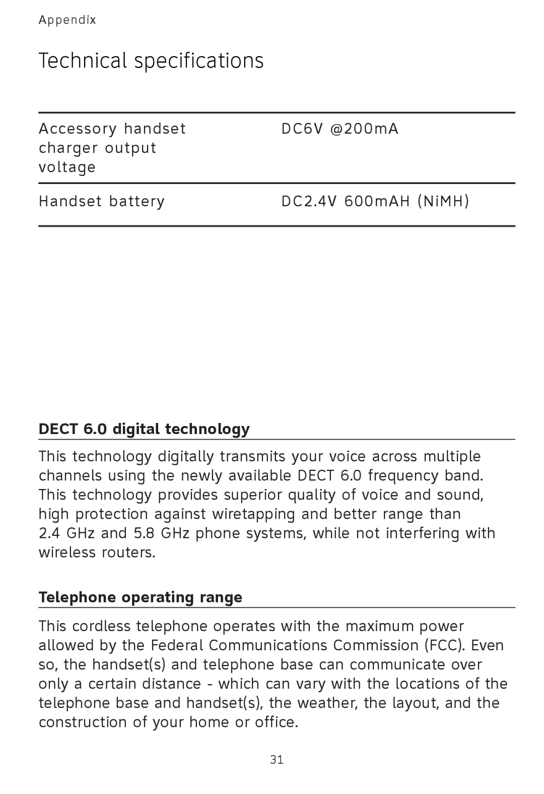 AT&T AT3101 user manual Technical specifications, Dect 6.0 digital technology, Telephone operating range 