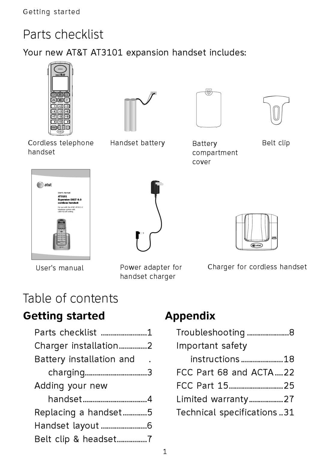 AT&T AT3101 user manual Parts checklist, Table of contents 