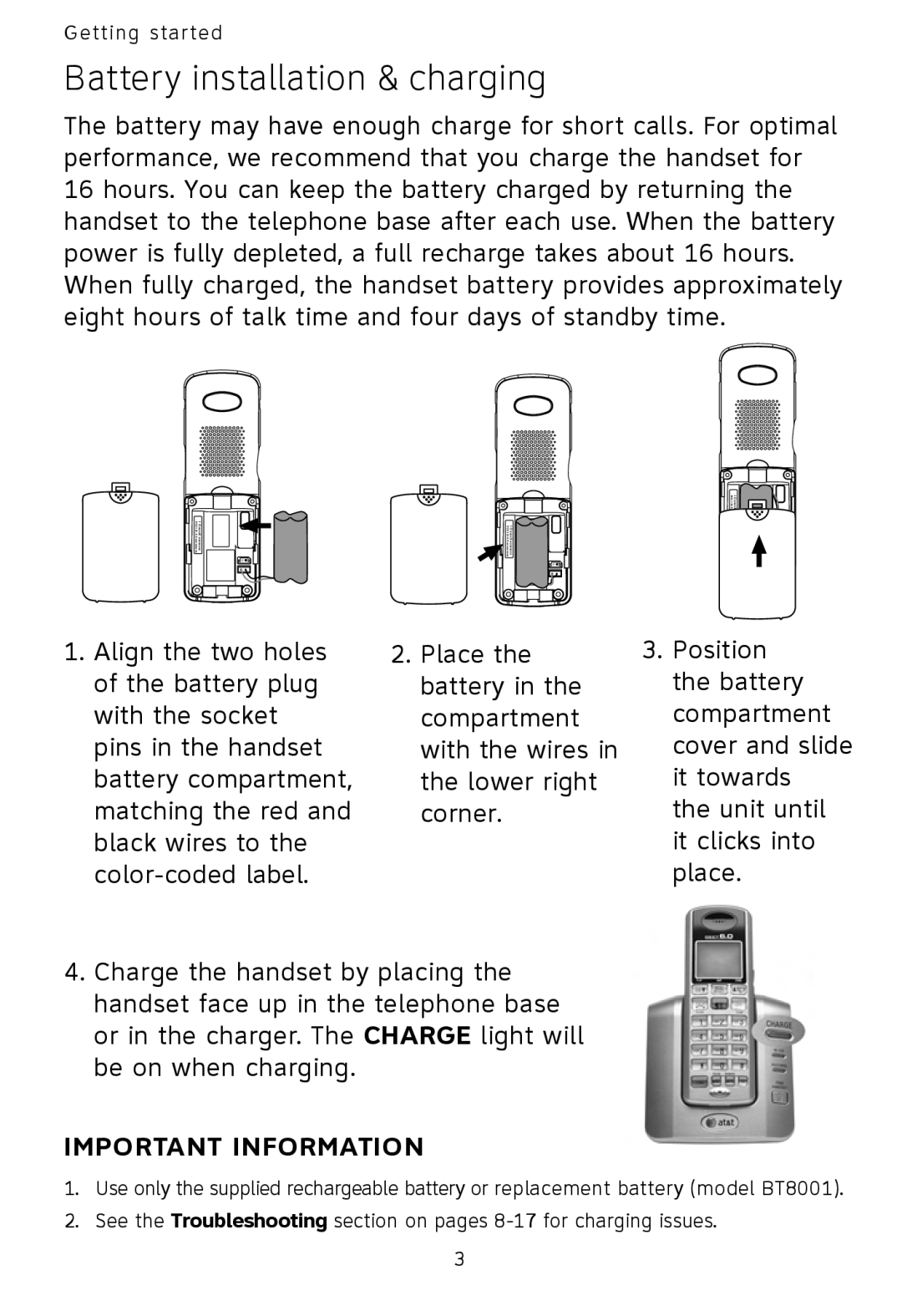 AT&T AT3101 user manual Battery installation & charging, Important Information 