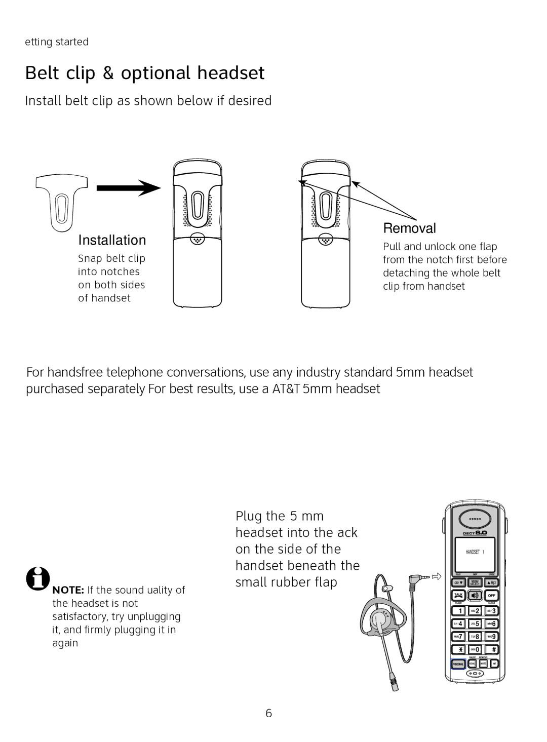 AT&T AT3111-2 user manual Belt clip & optional headset, Installation, Removal 