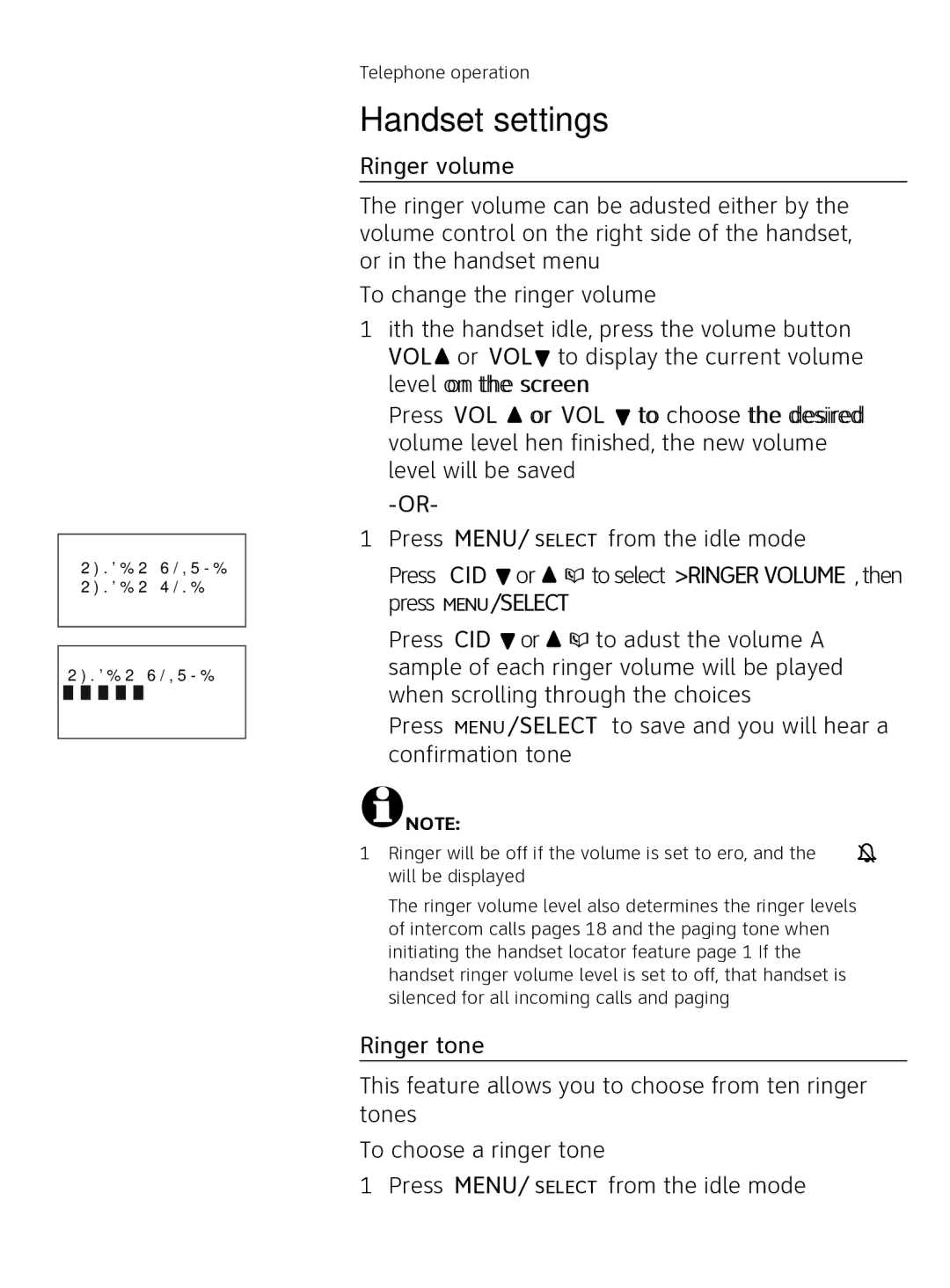 AT&T AT3111-2 user manual Handset settings, Ringer volume, Ringer tone 