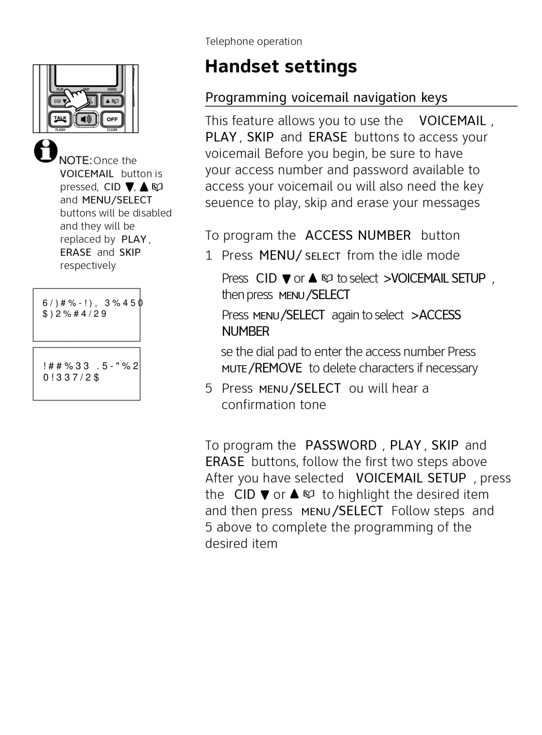 AT&T AT3111-2 user manual Programming voicemail navigation keys 