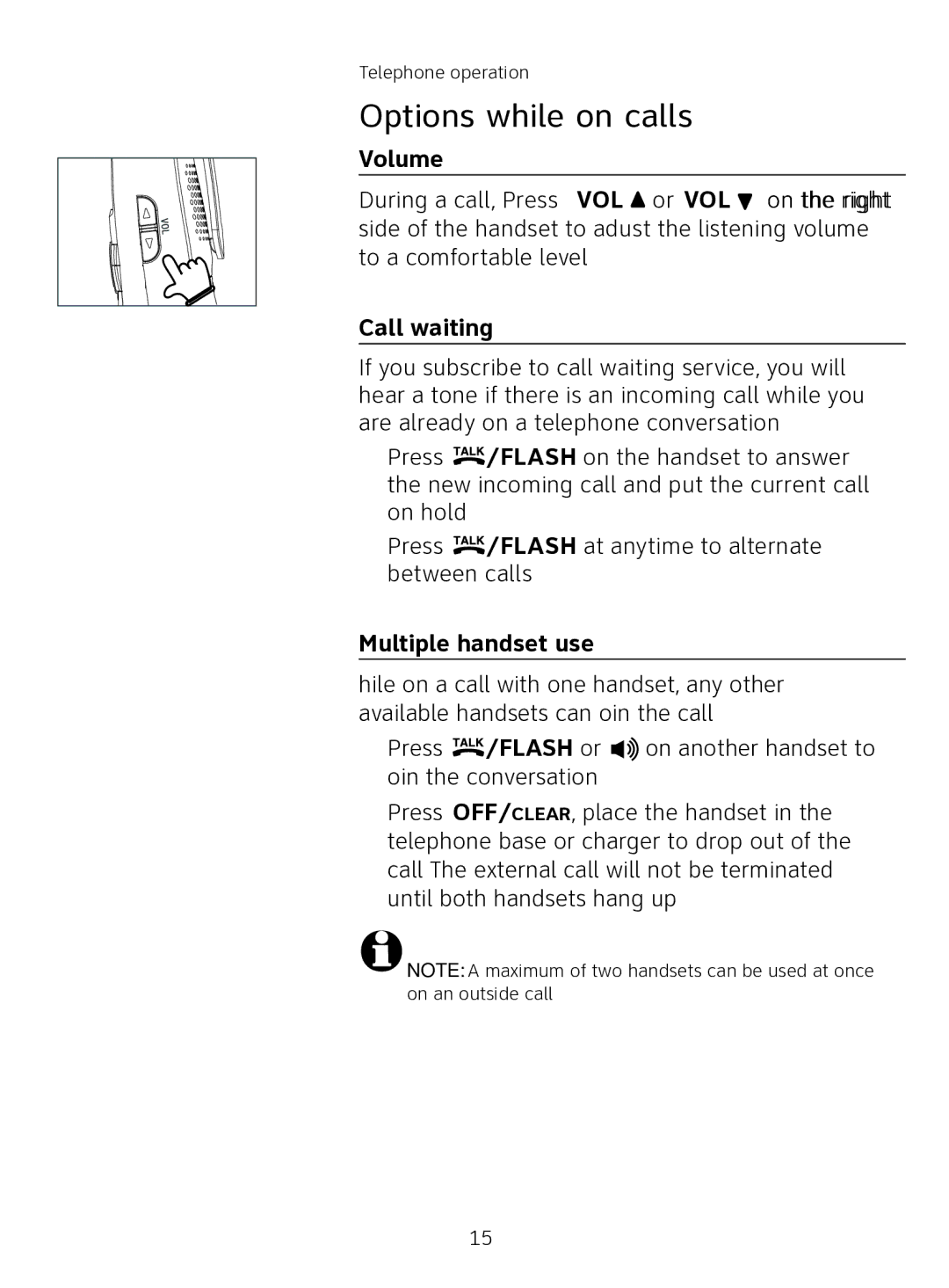 AT&T AT3111-2 user manual Options while on calls, Volume, Call waiting, Multiple handset use 