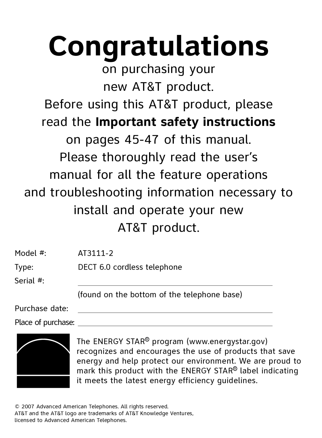 AT&T AT3111-2 user manual Congratulations 