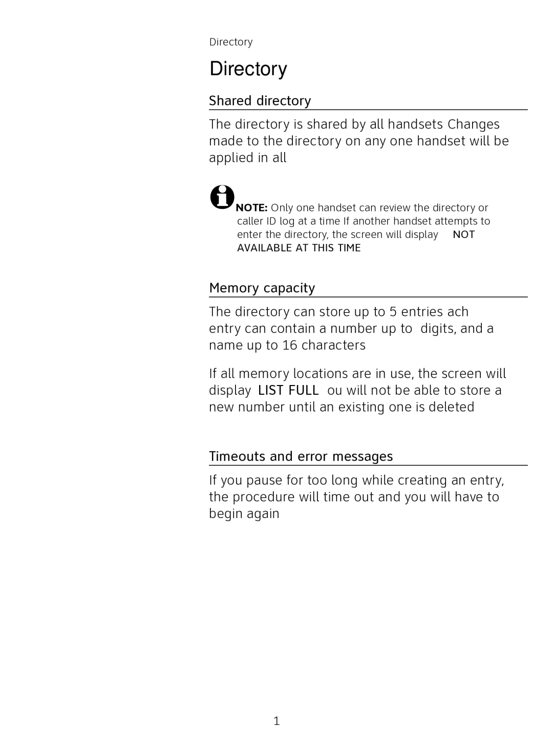 AT&T AT3111-2 user manual Directory, Shared directory, Memory capacity, Timeouts and error messages 