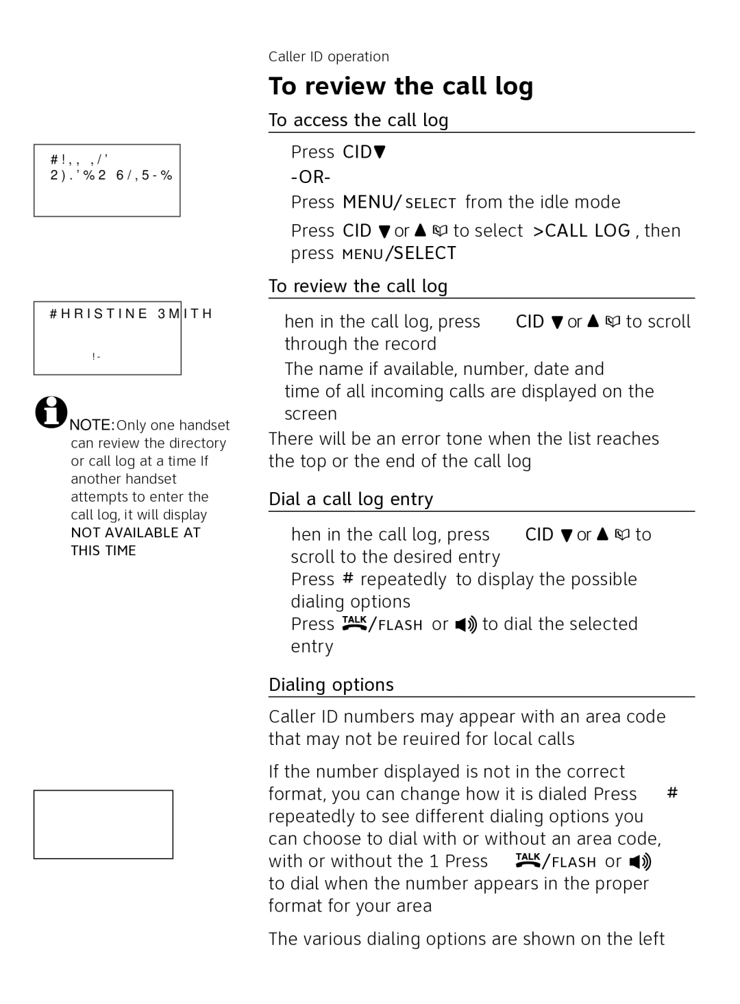 AT&T AT3111-2 user manual To review the call log, To access the call log, Dial a call log entry, Dialing options 