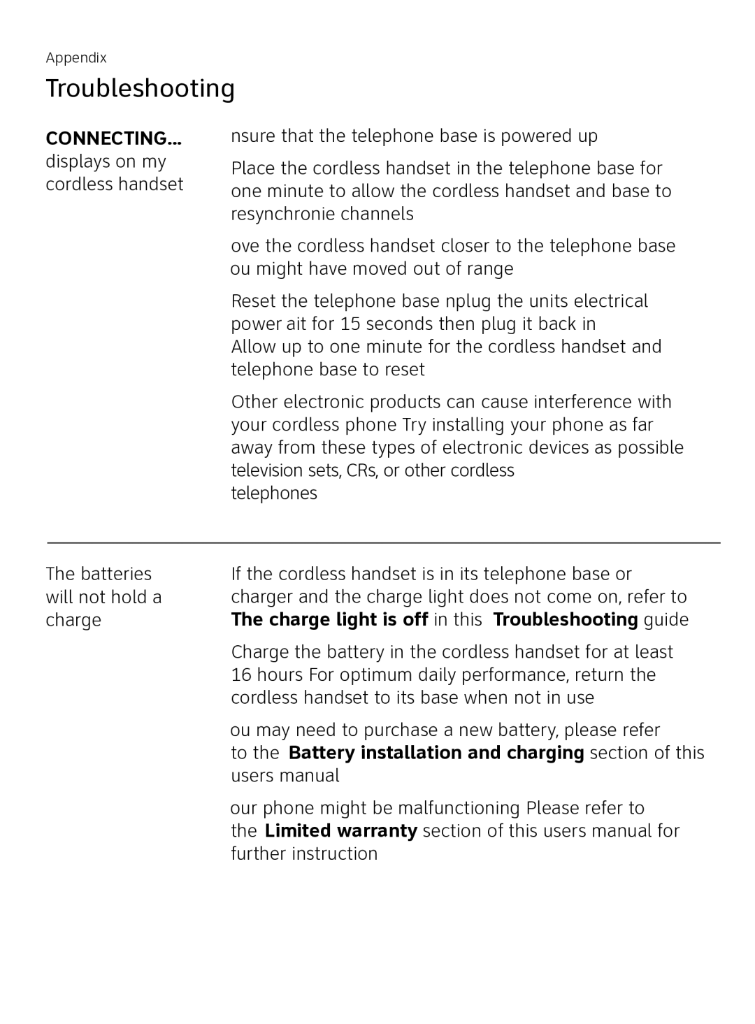 AT&T AT3111-2 user manual Connecting, Charge light is off in this Troubleshooting guide 