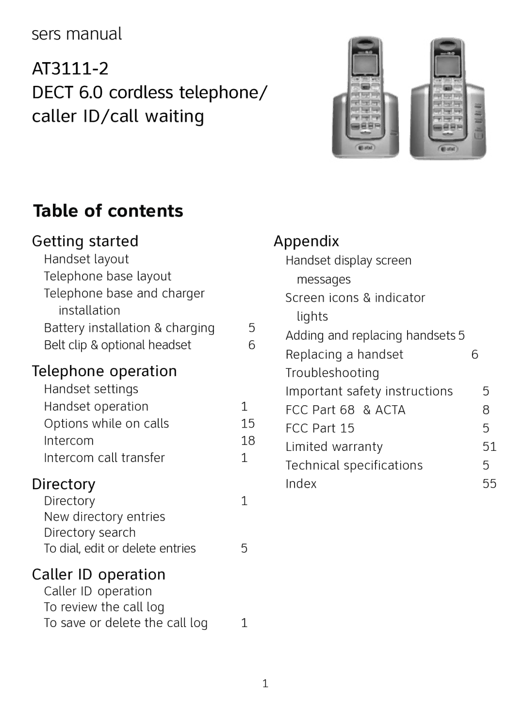 AT&T AT3111-2 user manual Table of contents 