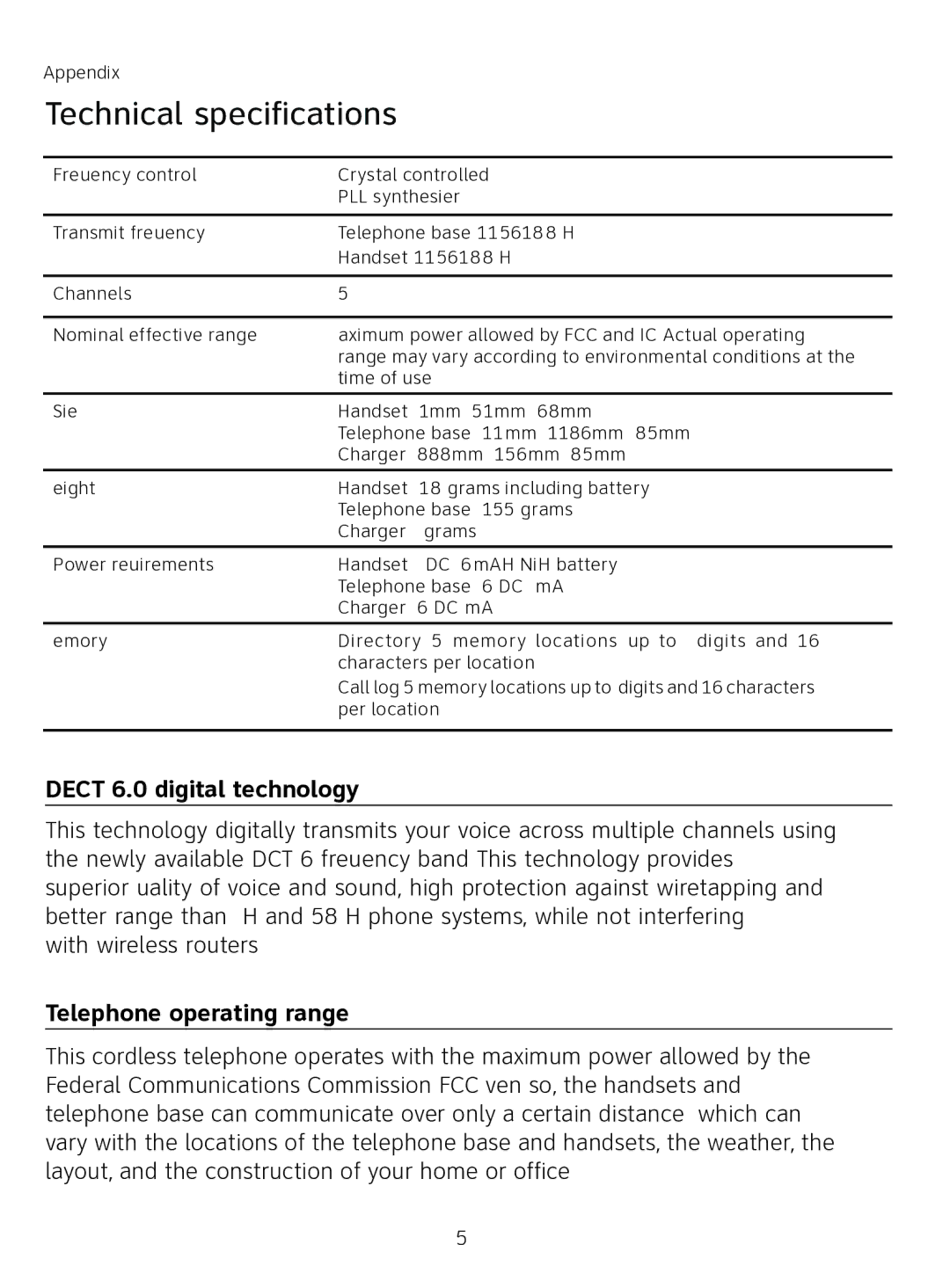 AT&T AT3111-2 user manual Technical specifications, Dect 6.0 digital technology, Telephone operating range 