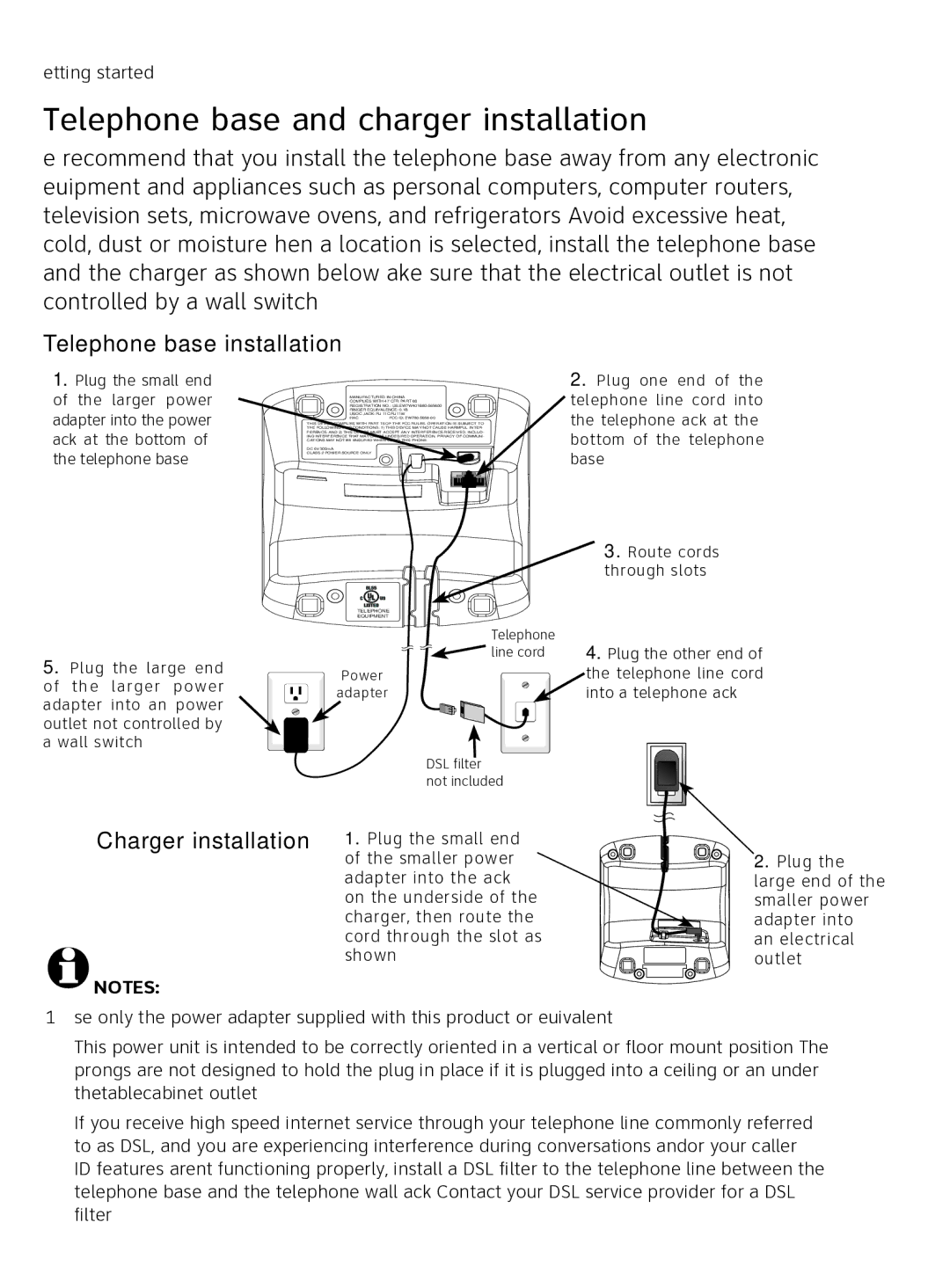 AT&T AT3111-2 user manual Telephone base and charger installation, Telephone base installation, Charger installation 