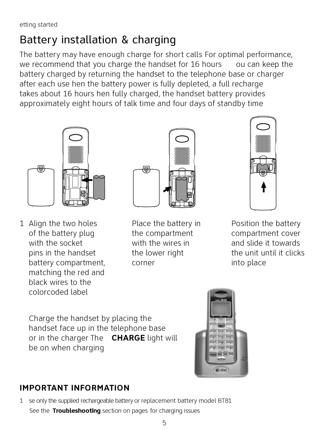 AT&T AT3111-2 user manual Battery installation & charging, Important Information 