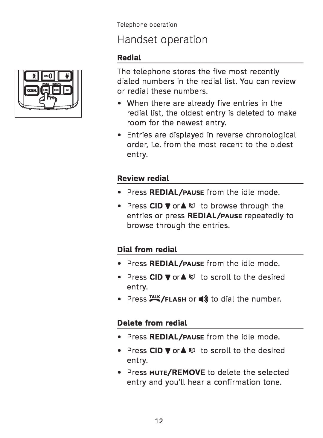 AT&T AT3111-2 user manual Handset operation, Redial, Review redial, Dial from redial, Delete from redial 