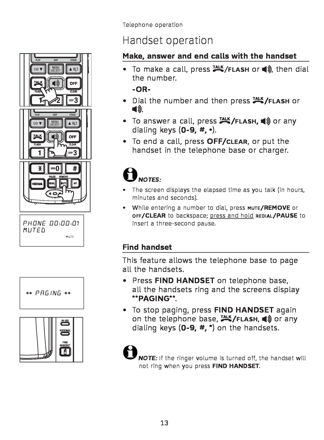 AT&T AT3111-2 user manual Handset operation, Make, answer and end calls with the handset, Find handset 