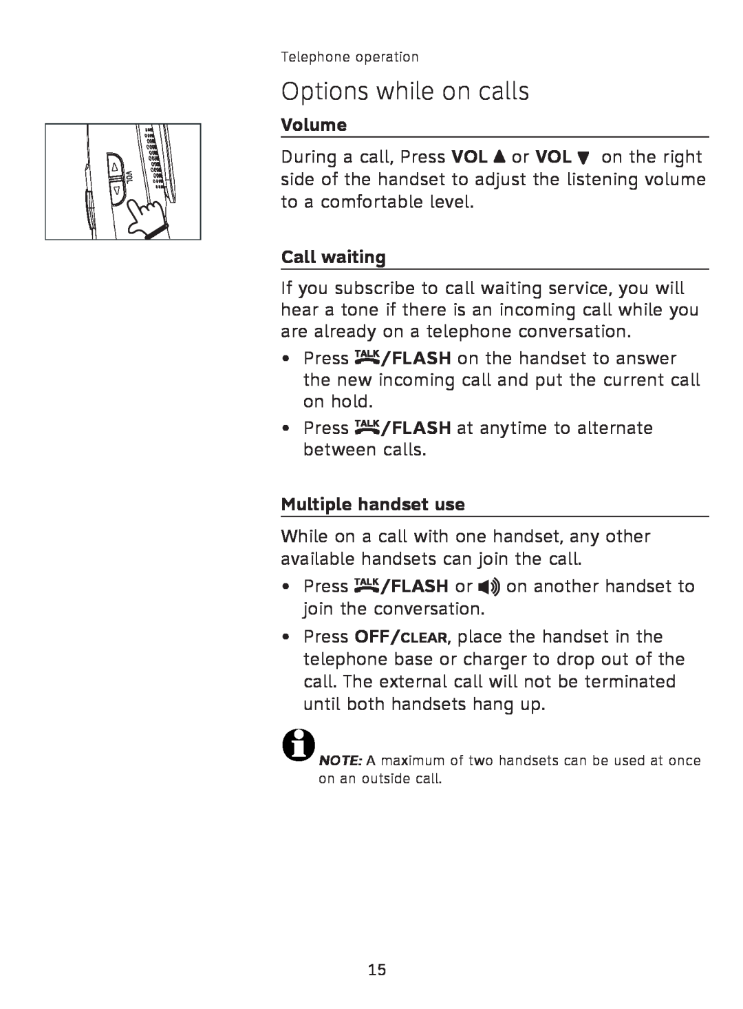 AT&T AT3111-2 user manual Options while on calls, Volume, Call waiting, Multiple handset use 