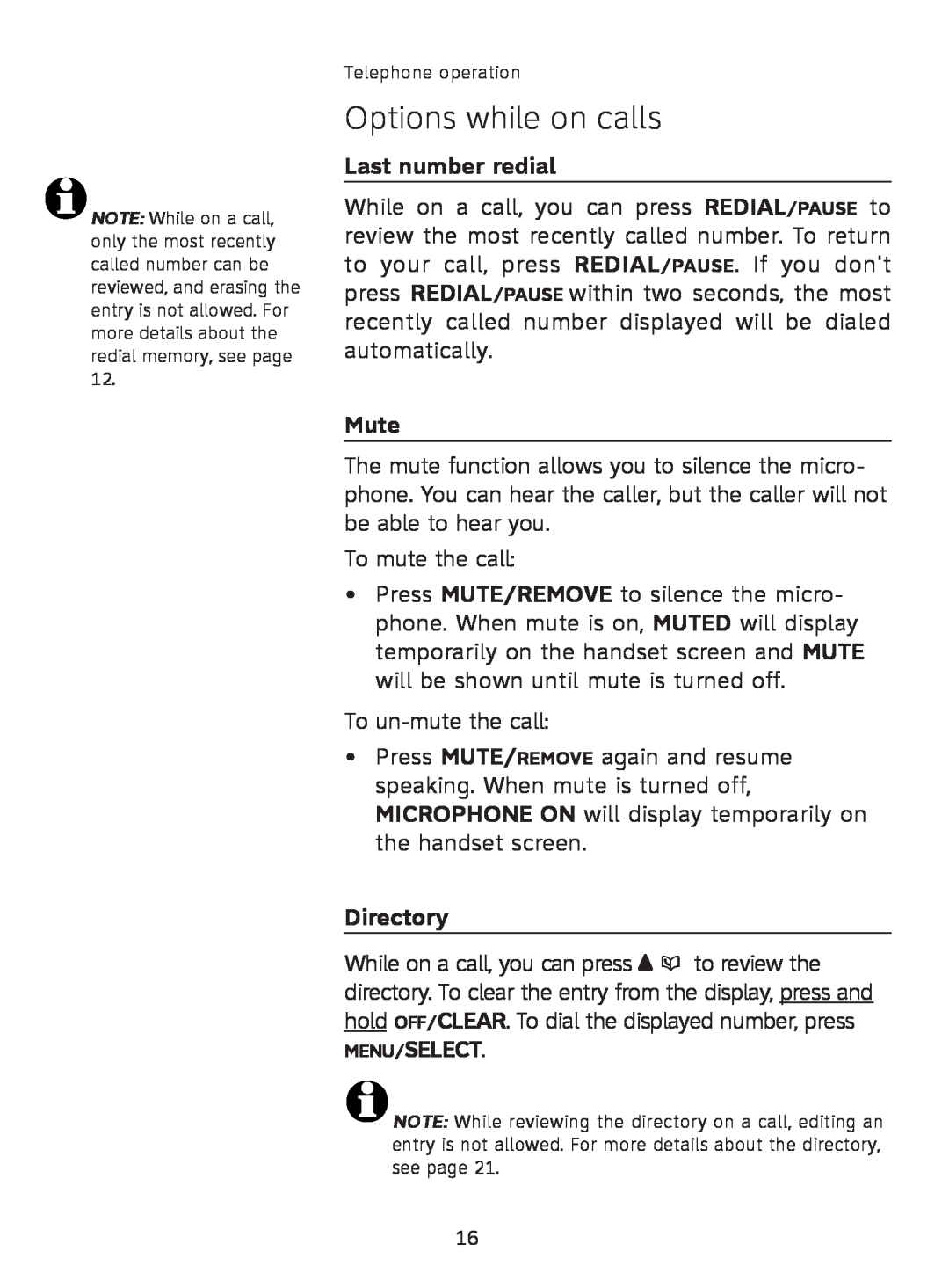 AT&T AT3111-2 user manual Options while on calls, Last number redial, Mute, Directory, Menu/Select 