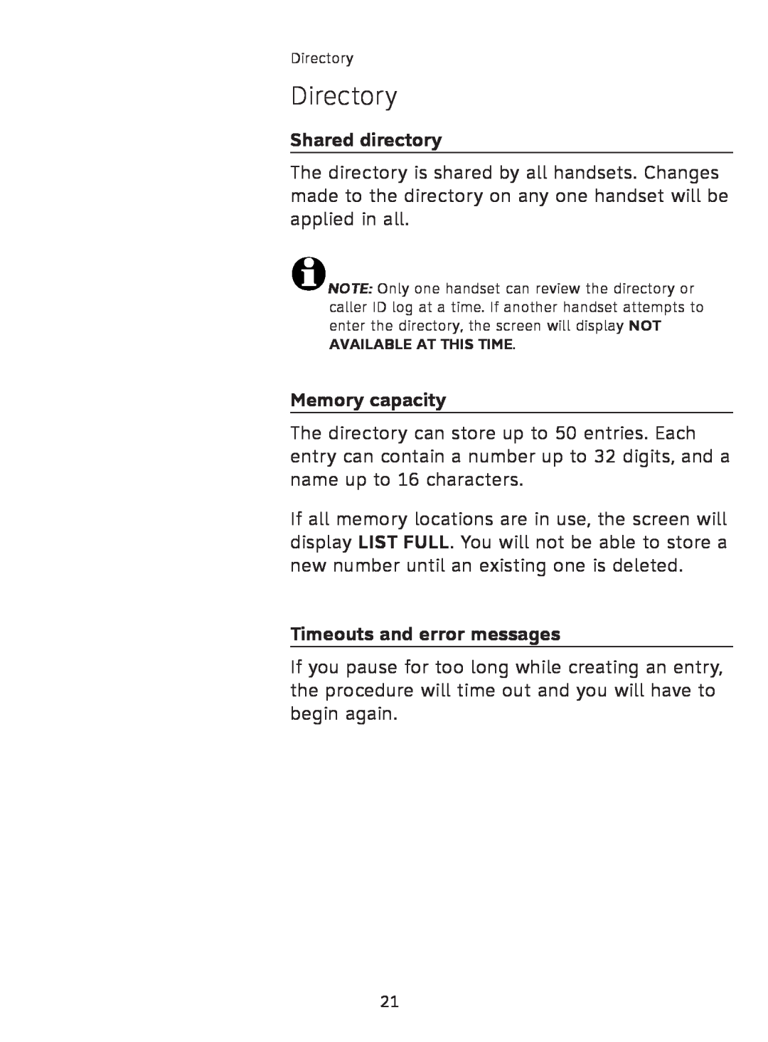 AT&T AT3111-2 user manual Directory, Shared directory, Memory capacity, Timeouts and error messages 