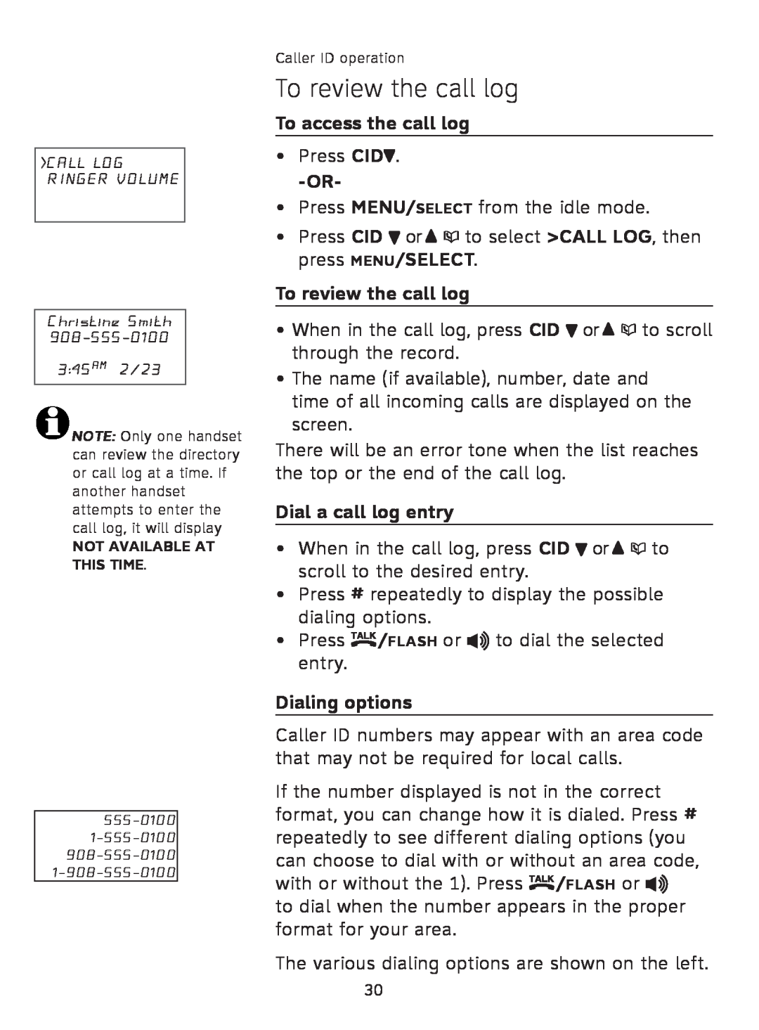 AT&T AT3111-2 user manual To review the call log, To access the call log, Dial a call log entry, Dialing options 