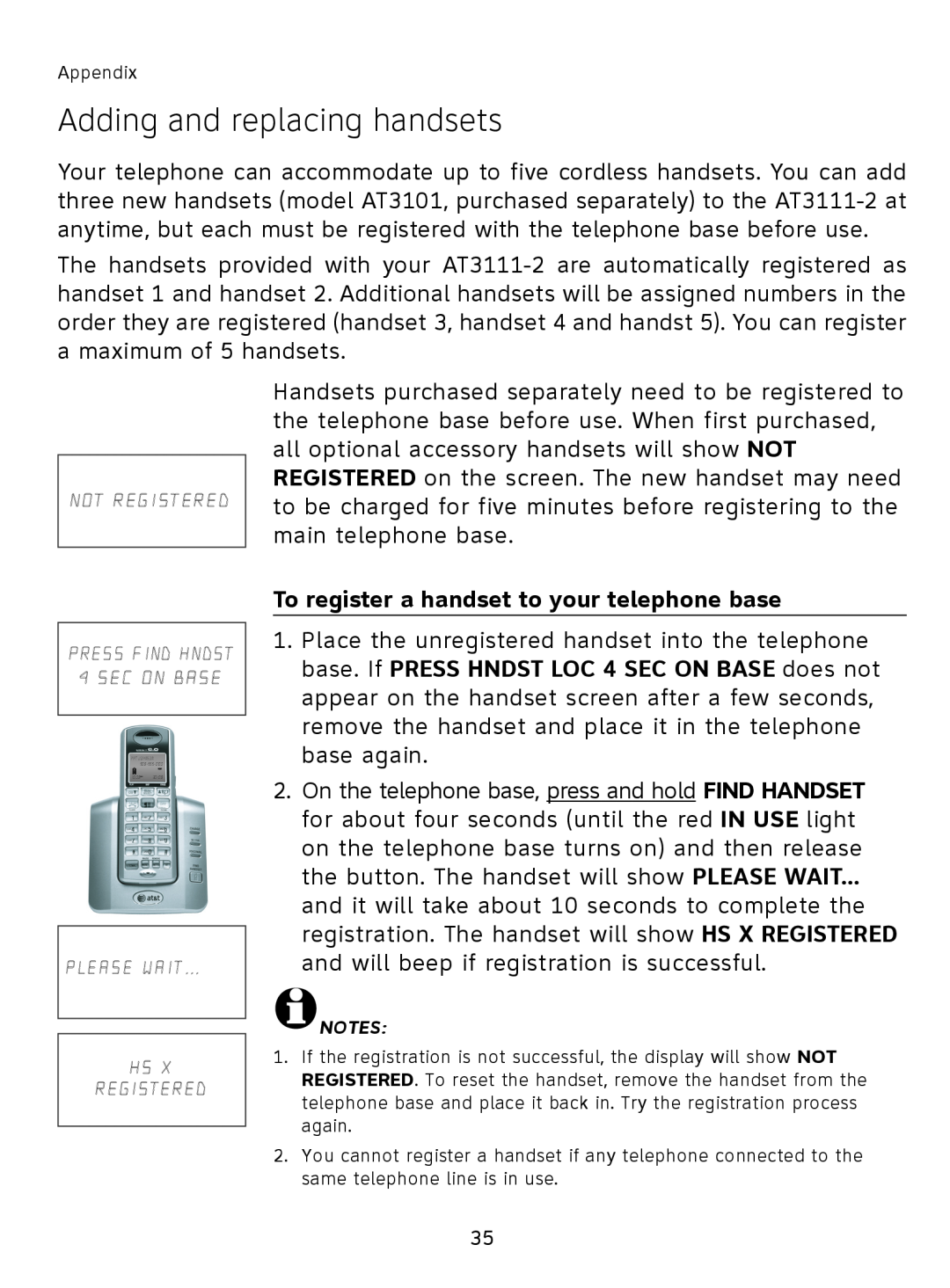 AT&T AT3111-2 user manual Adding and replacing handsets, To register a handset to your telephone base 