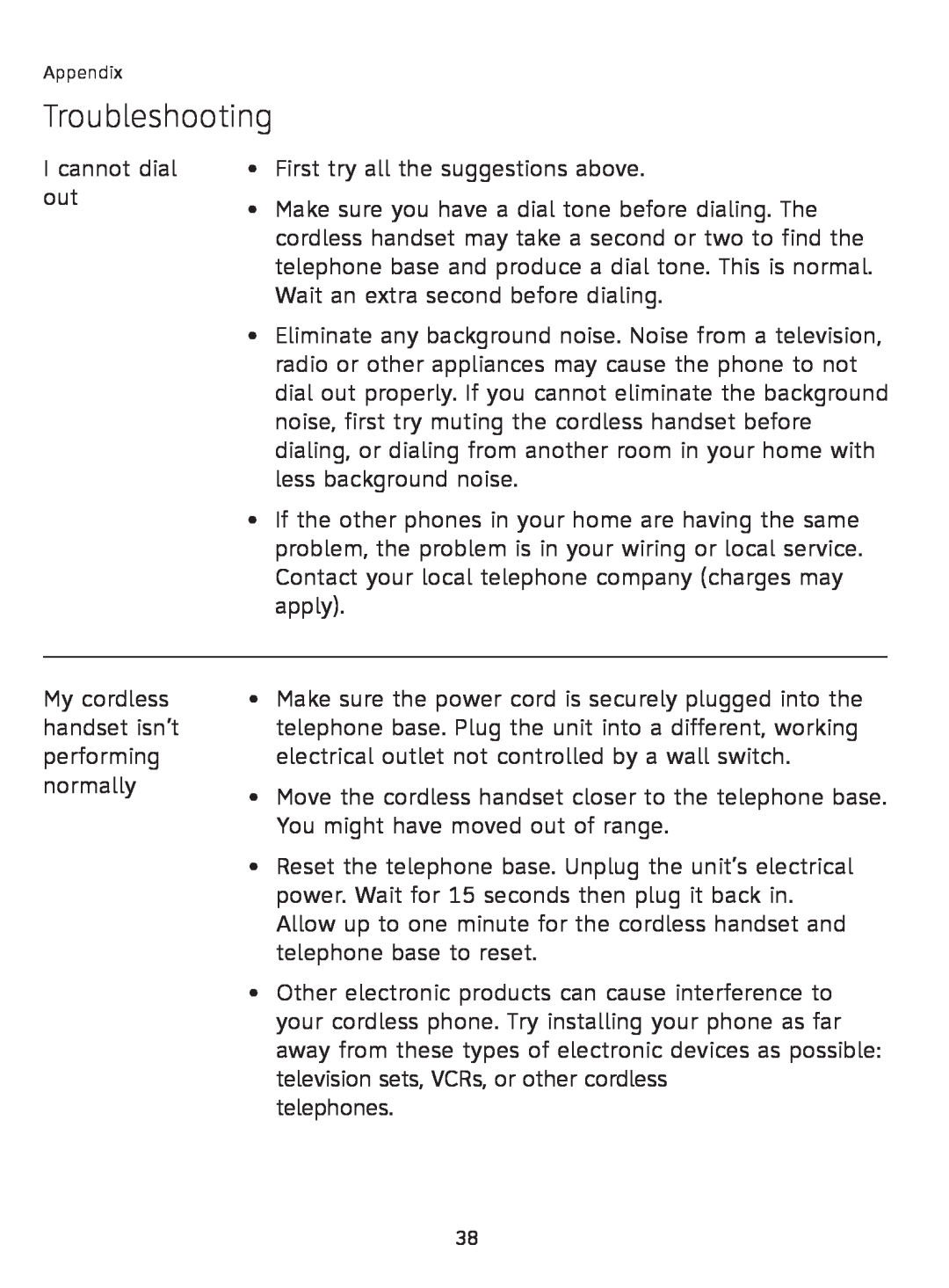 AT&T AT3111-2 user manual Troubleshooting, I cannot dial out 