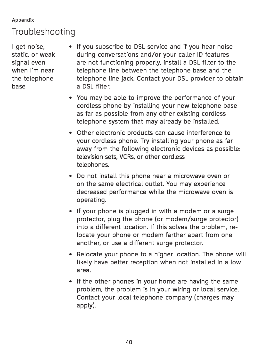 AT&T AT3111-2 user manual Troubleshooting, I get noise 