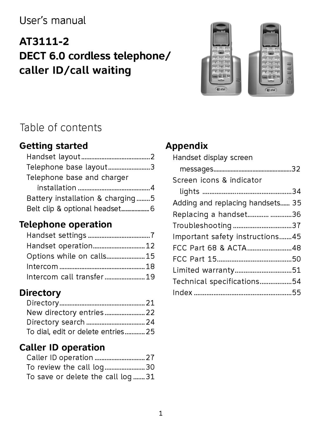 AT&T AT3111-2 User’s manual, Table of contents, Getting started, Telephone operation, Directory, Caller ID operation 
