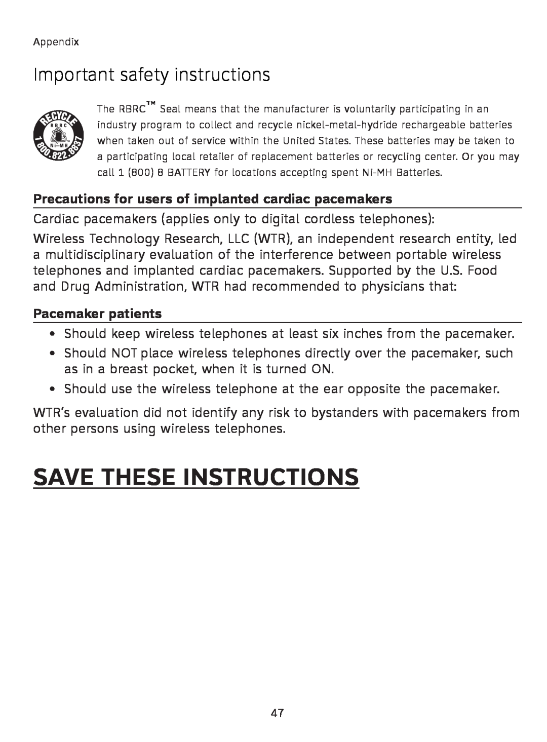 AT&T AT3111-2 user manual Save These Instructions, Important safety instructions, Pacemaker patients 