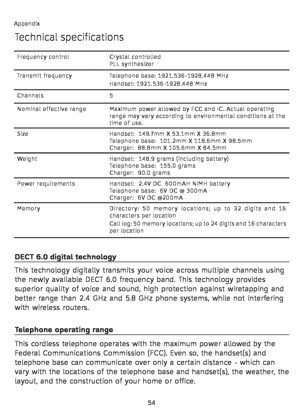 AT&T AT3111-2 user manual Technical specifications, DECT 6.0 digital technology, Telephone operating range 