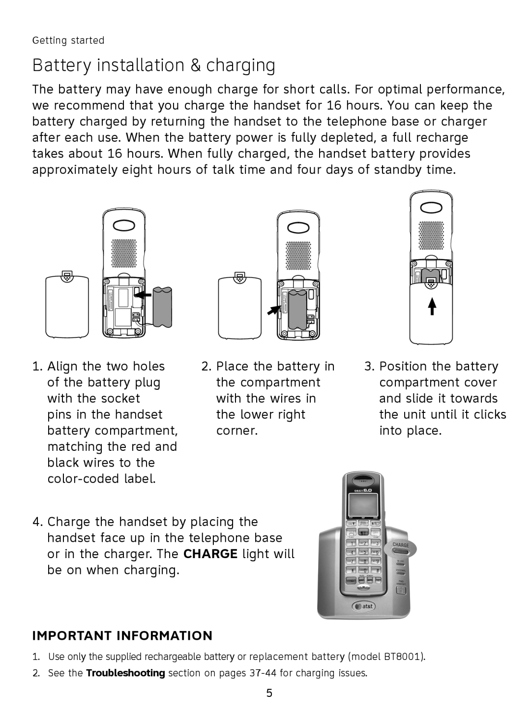 AT&T AT3111-2 user manual Battery installation & charging, Important Information 