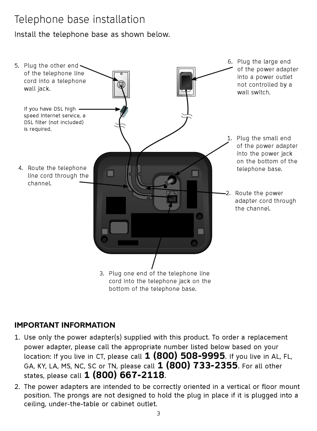 AT&T AT3211-2 quick start Telephone base installation, Install the telephone base as shown below 