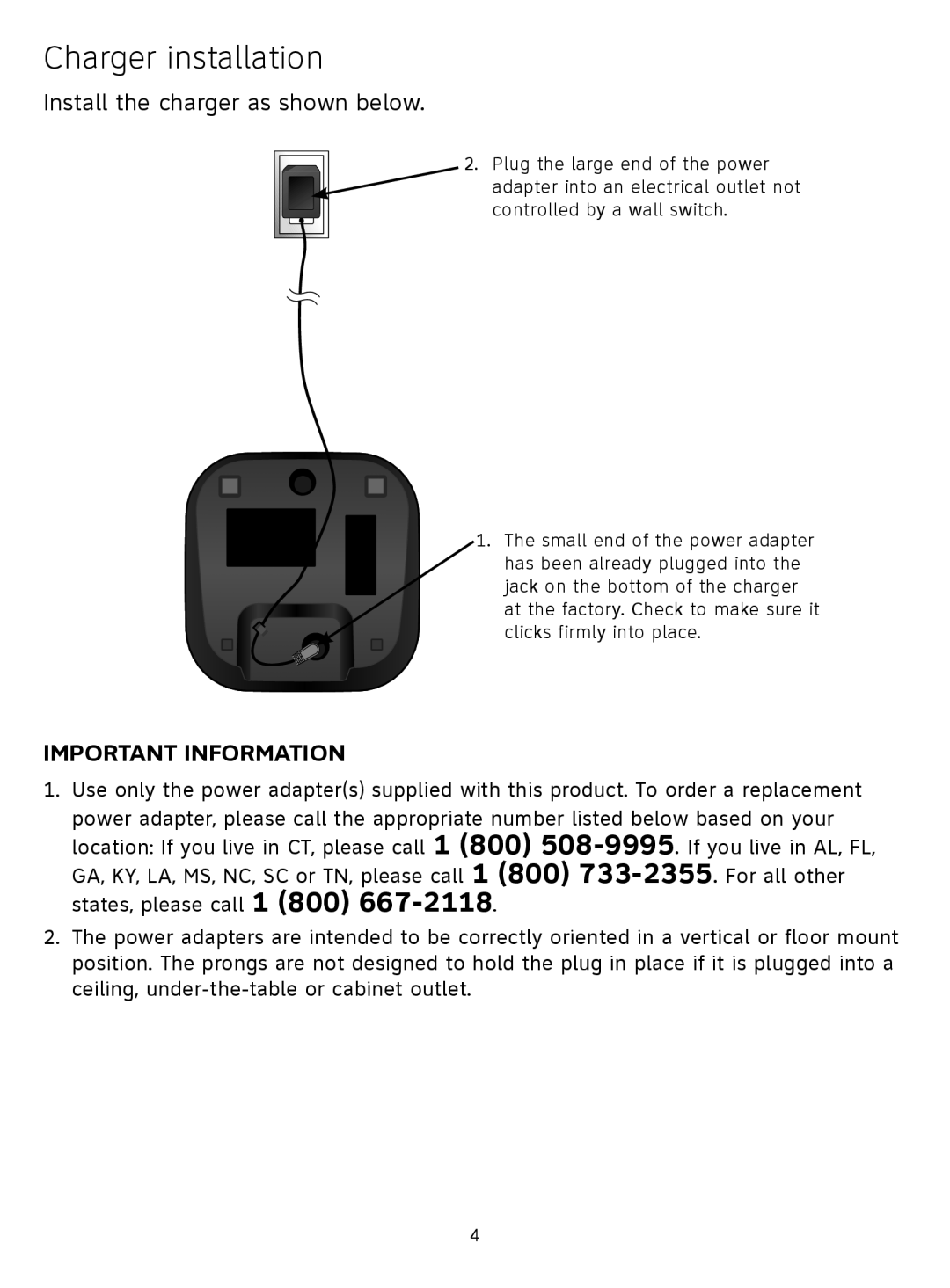 AT&T AT3211-2 quick start Charger installation, Install the charger as shown below 