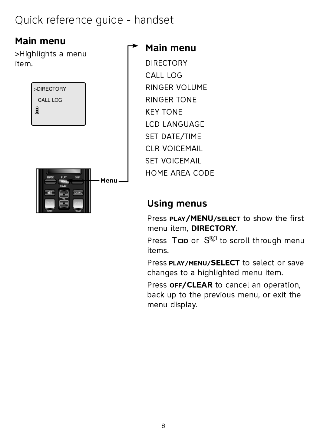 AT&T AT3211-2 quick start Using menus, Menu 