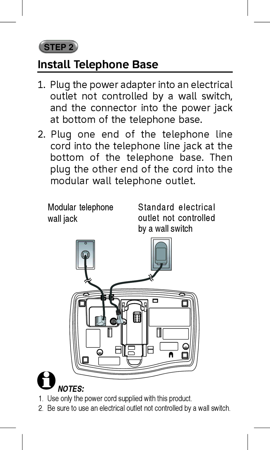 AT&T AT5872 quick start Install Telephone Base, By a wall switch 