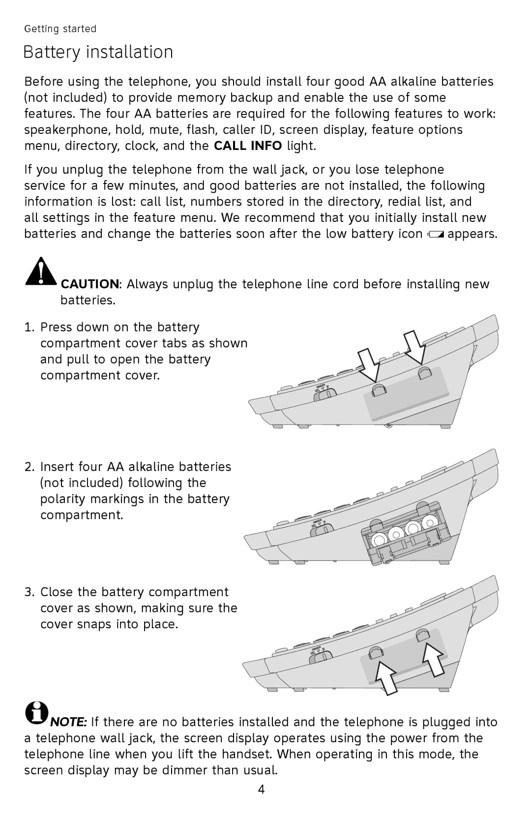 AT&T ATCL2909 user manual Battery installation 