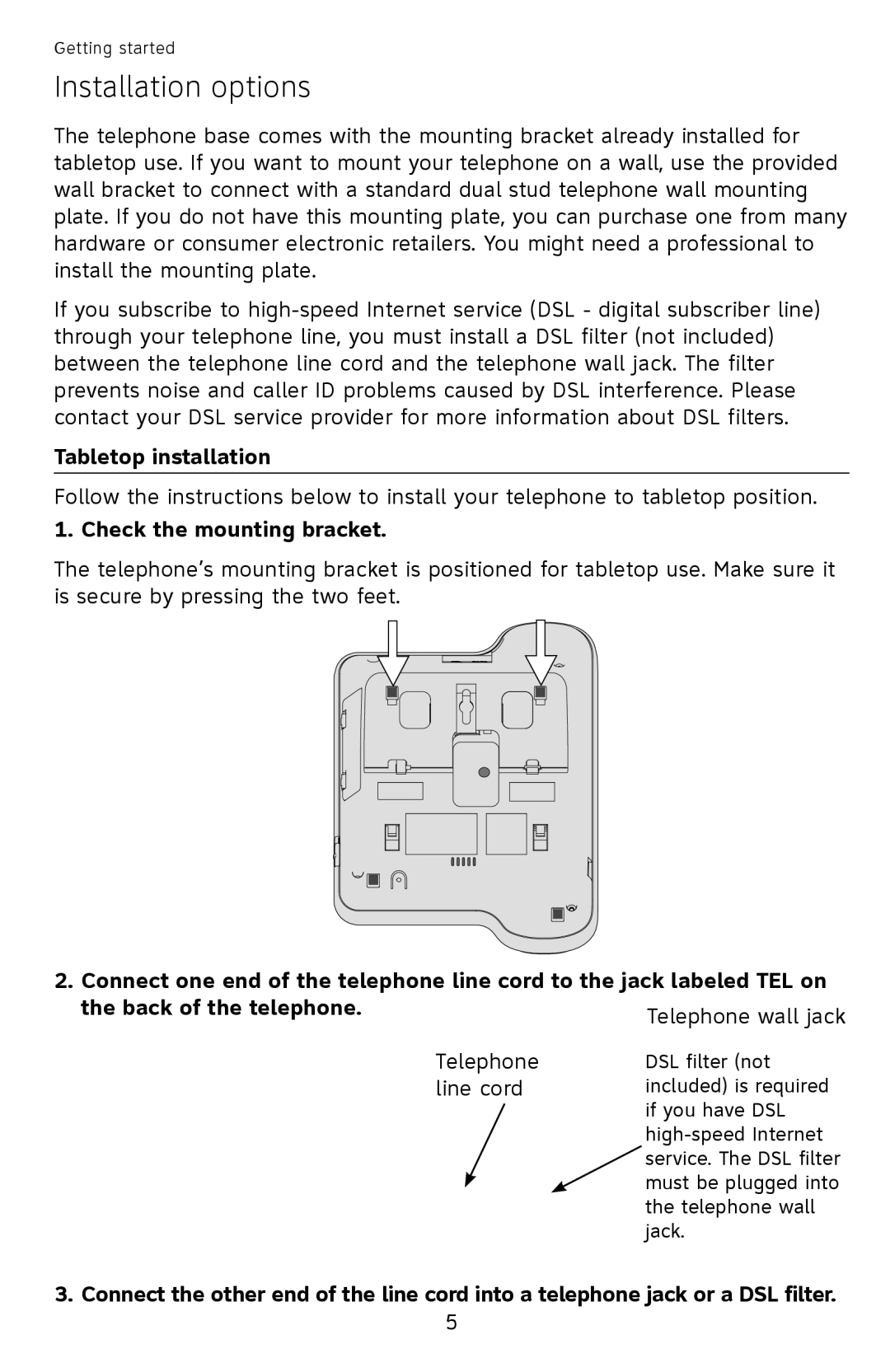 AT&T ATCL2909 user manual Installation options, Tabletop installation, Check the mounting bracket 