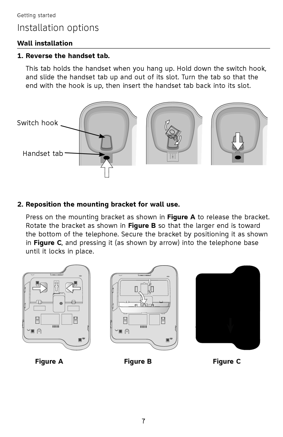 AT&T ATCL2909 user manual Wall installation Reverse the handset tab, Reposition the mounting bracket for wall use 