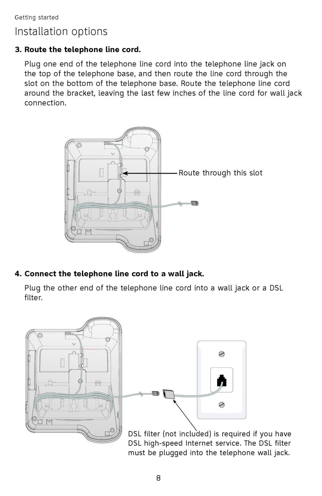 AT&T ATCL2909 user manual Route the telephone line cord, Connect the telephone line cord to a wall jack 