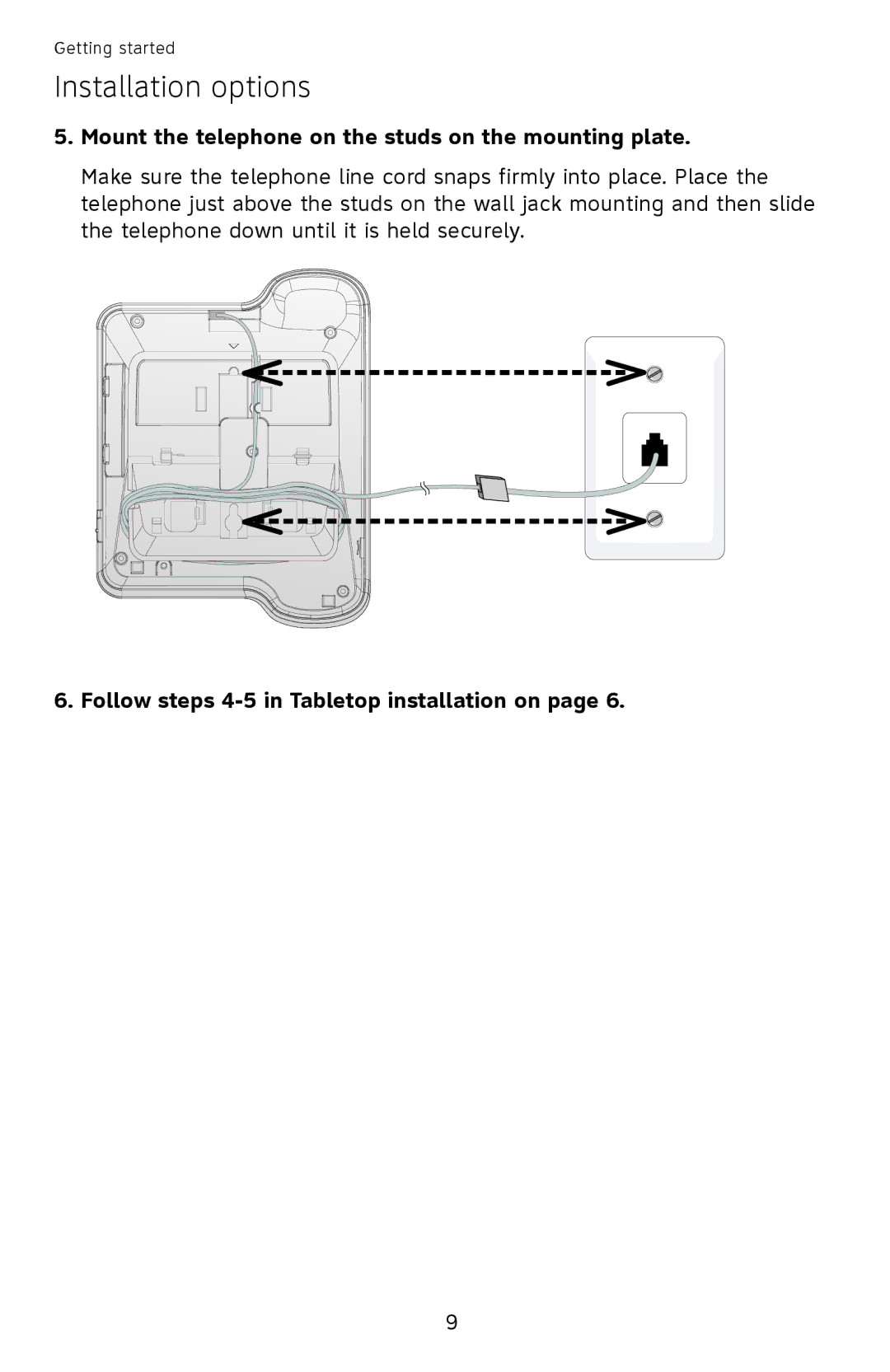 AT&T ATCL2909 Mount the telephone on the studs on the mounting plate, Follow steps 4-5 in Tabletop installation on 