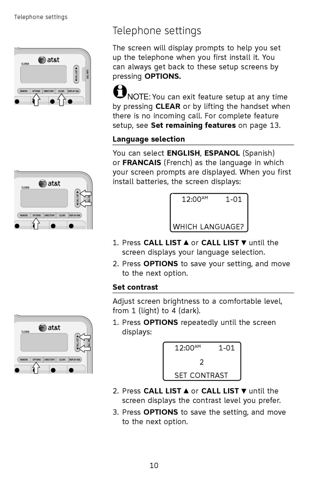 AT&T ATCL2909 user manual Telephone settings, Language selection, Set contrast 