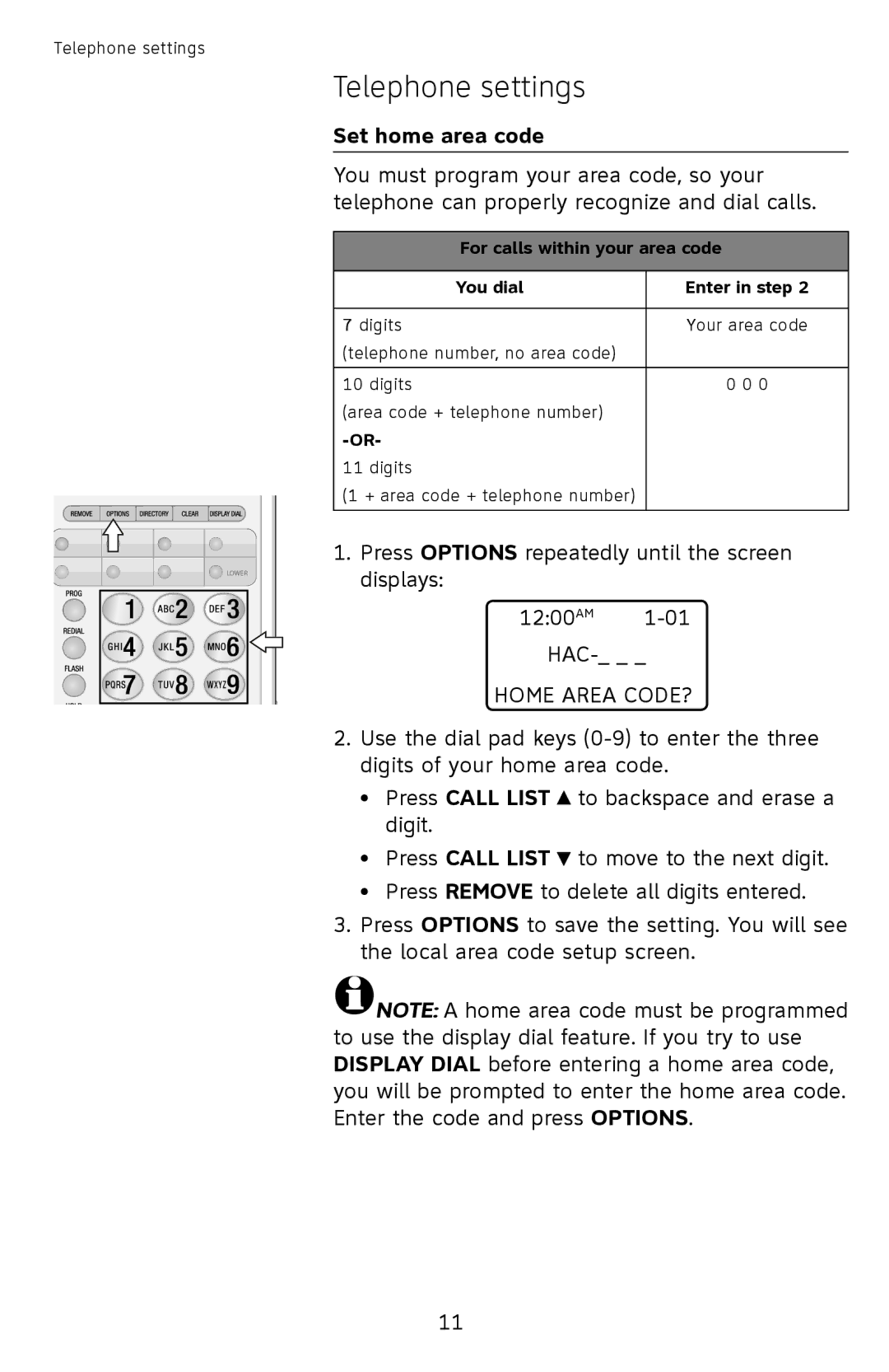 AT&T ATCL2909 user manual Set home area code, For calls within your area code You dial Enter in step 