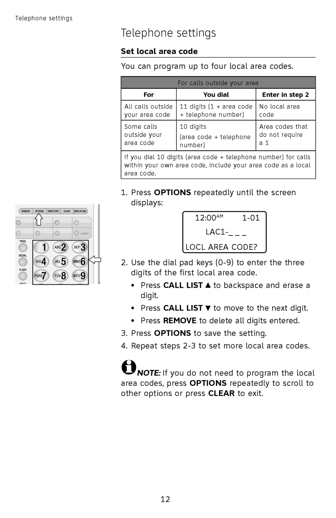 AT&T ATCL2909 user manual Set local area code, You can program up to four local area codes 