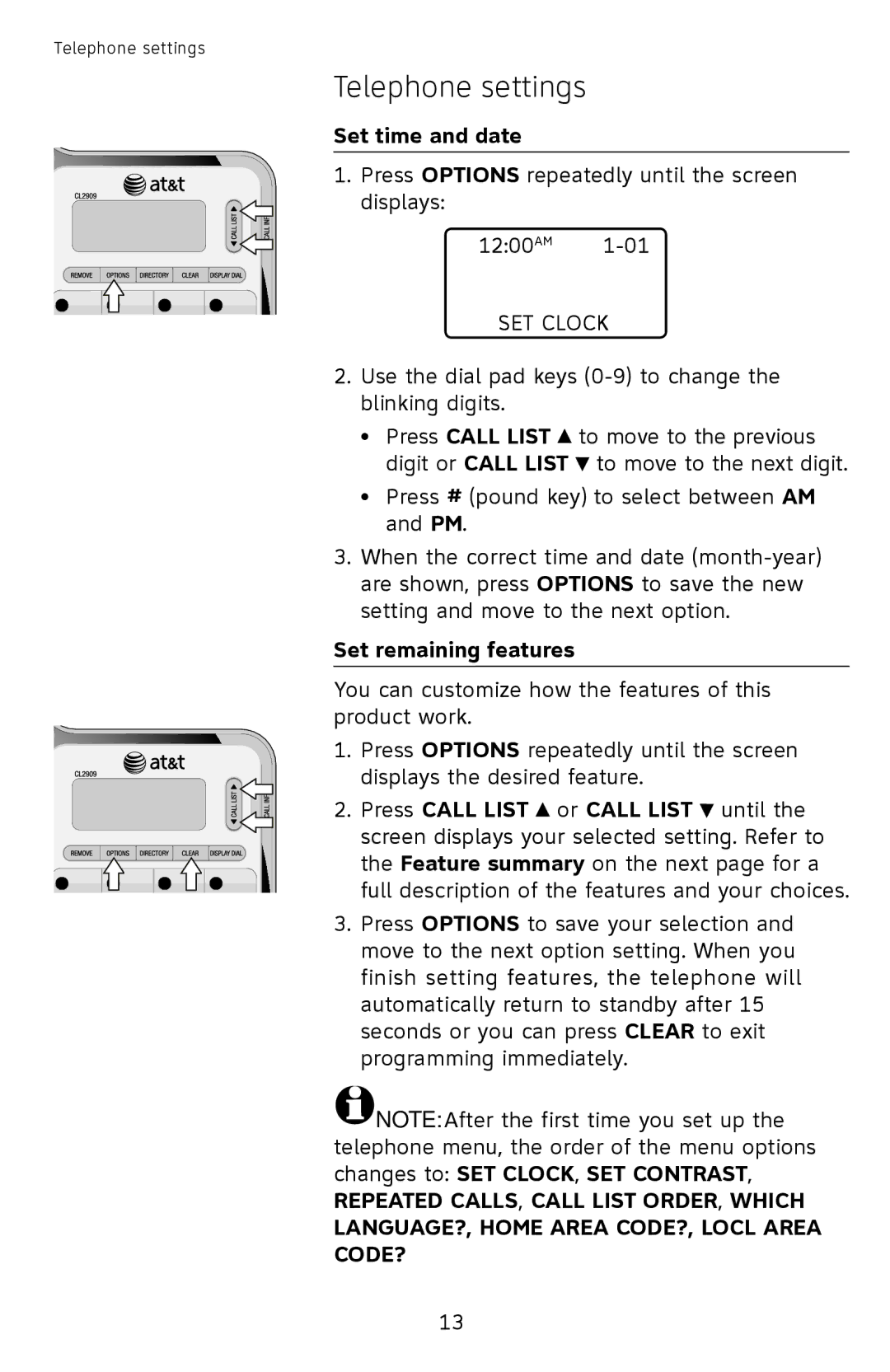 AT&T ATCL2909 user manual Set time and date, Set remaining features 