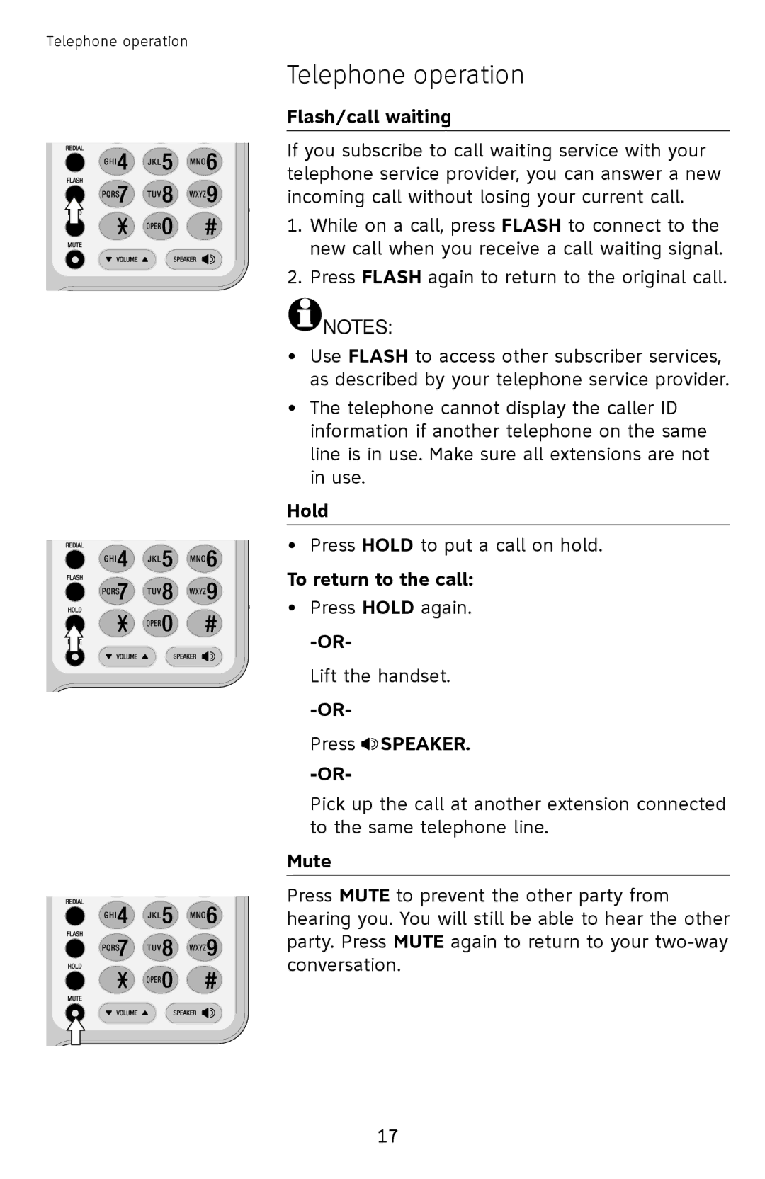 AT&T ATCL2909 user manual Flash/call waiting, Hold, To return to the call, Mute 