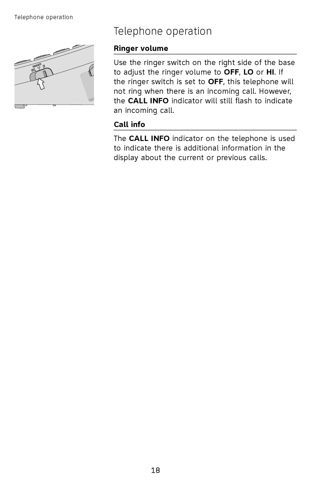 AT&T ATCL2909 user manual Ringer volume, Call info 