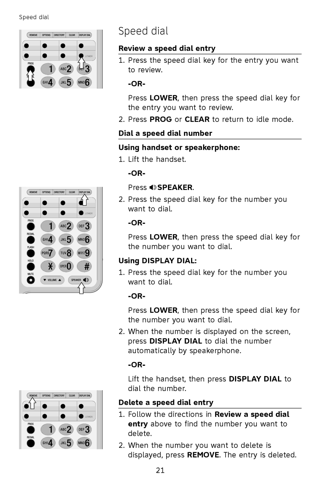 AT&T ATCL2909 Review a speed dial entry, Dial a speed dial number Using handset or speakerphone, Using Display Dial 