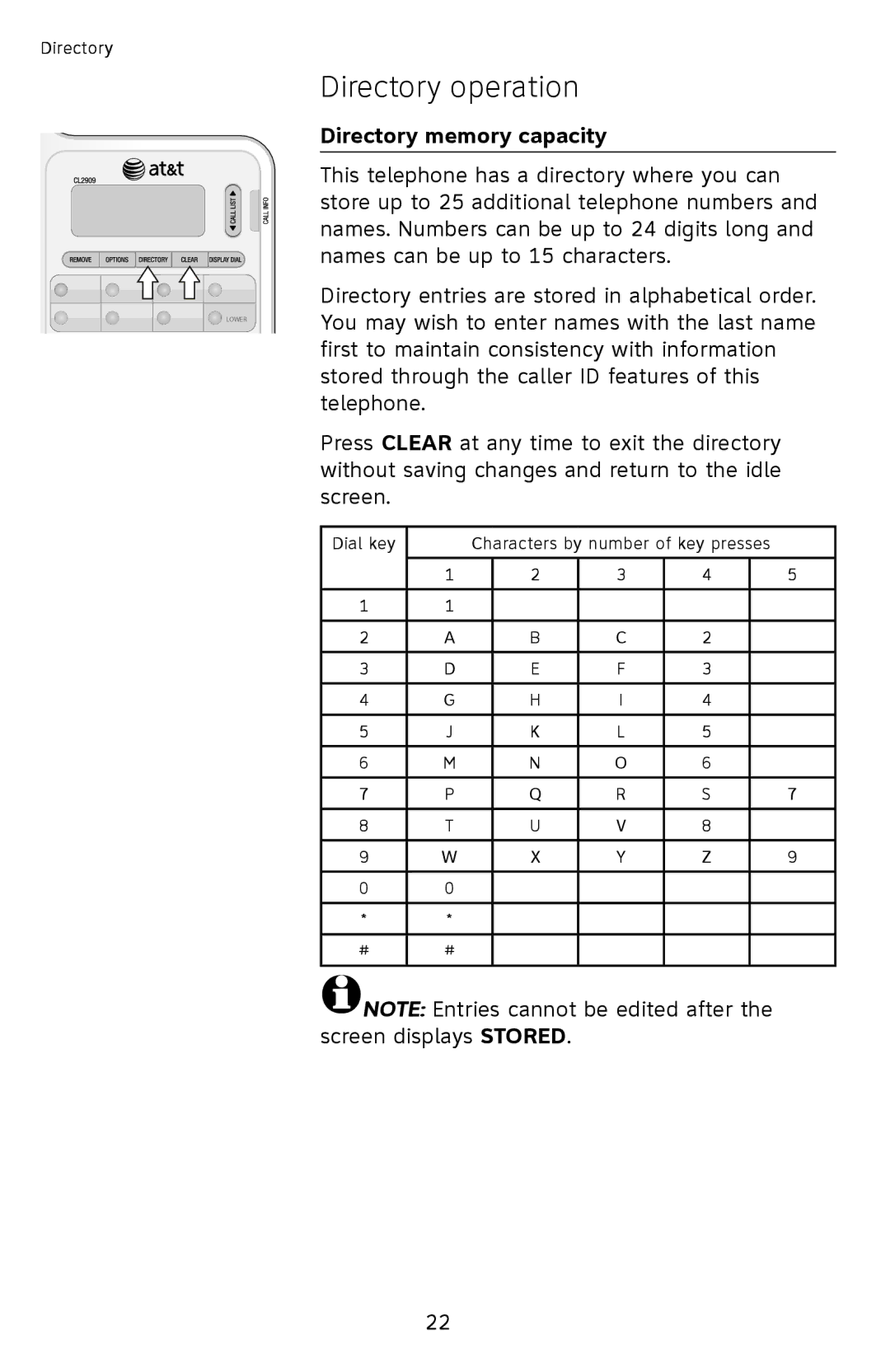 AT&T ATCL2909 user manual Directory operation, Directory memory capacity 