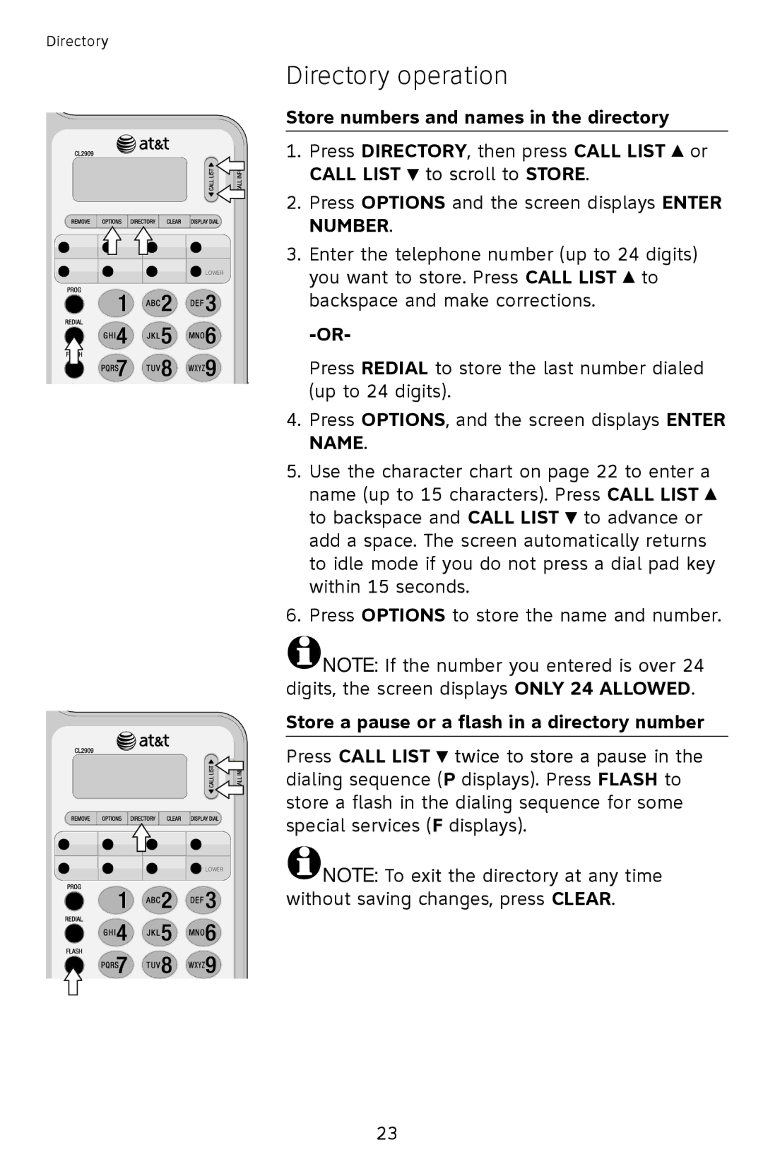 AT&T ATCL2909 user manual Store numbers and names in the directory 