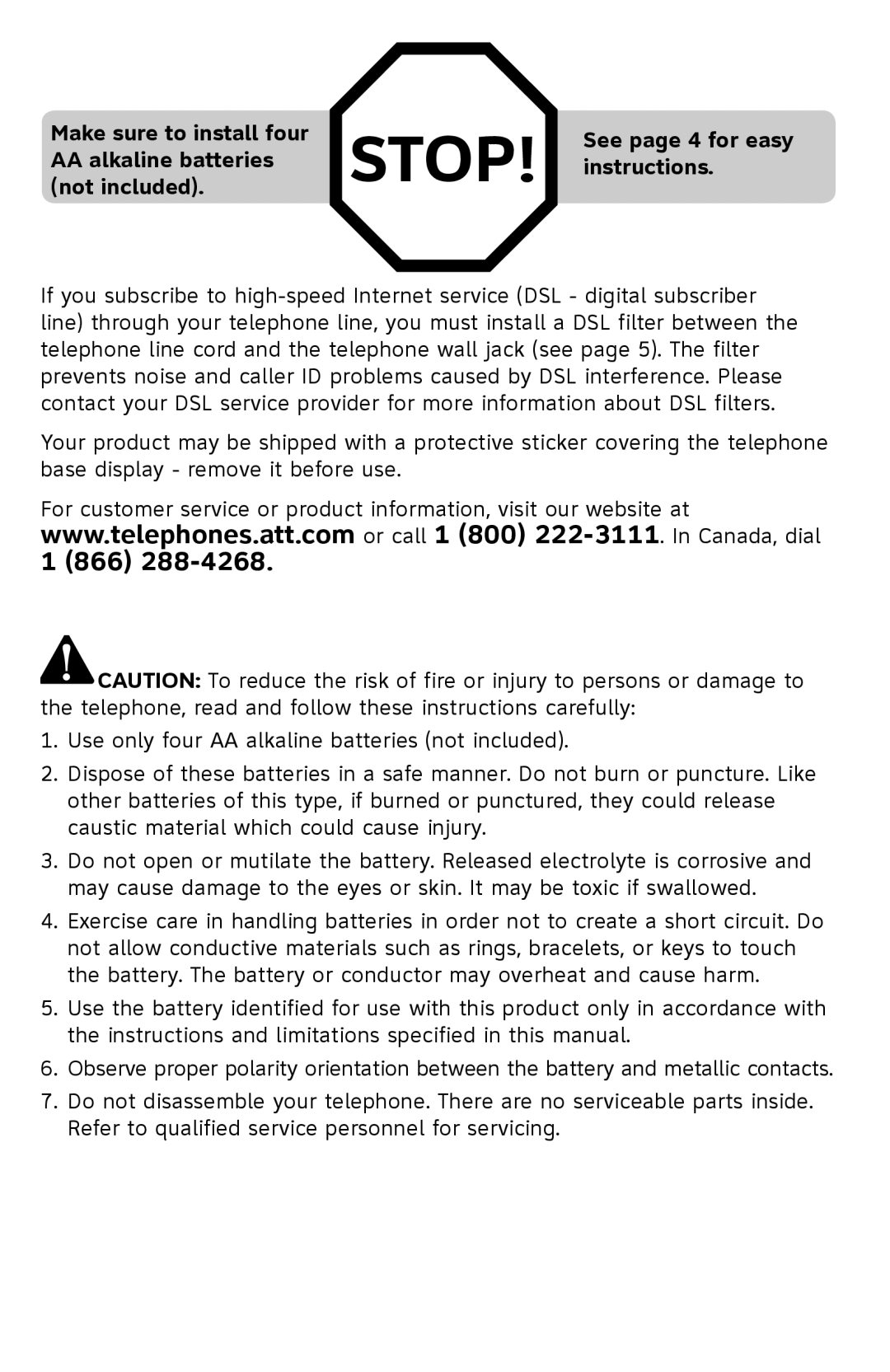 AT&T ATCL2909 user manual Make sure to install four, AA alkaline batteries, Instructions, Not included 