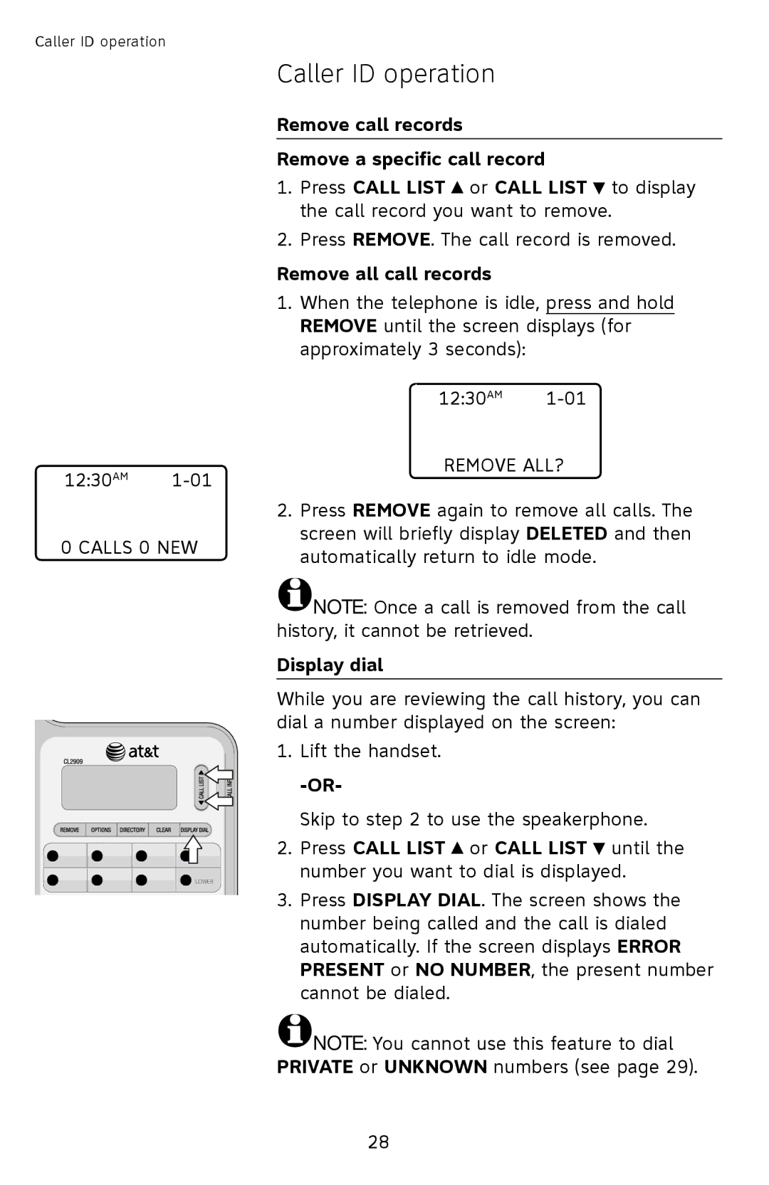 AT&T ATCL2909 user manual Remove all call records, Display dial 